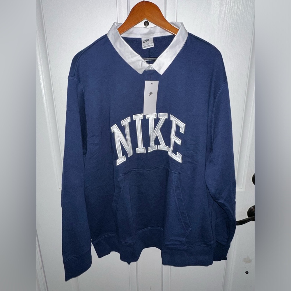 Nike Club Fleece Long Sleeve Rugby Polo Shirt Mens  XXL Navy Blue FN3112-410 NEW